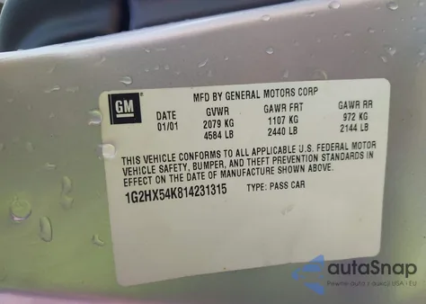 2001 Pontiac Bonneville Se z USA, uszkodzony, nr VIN 1G2HX54K814231315